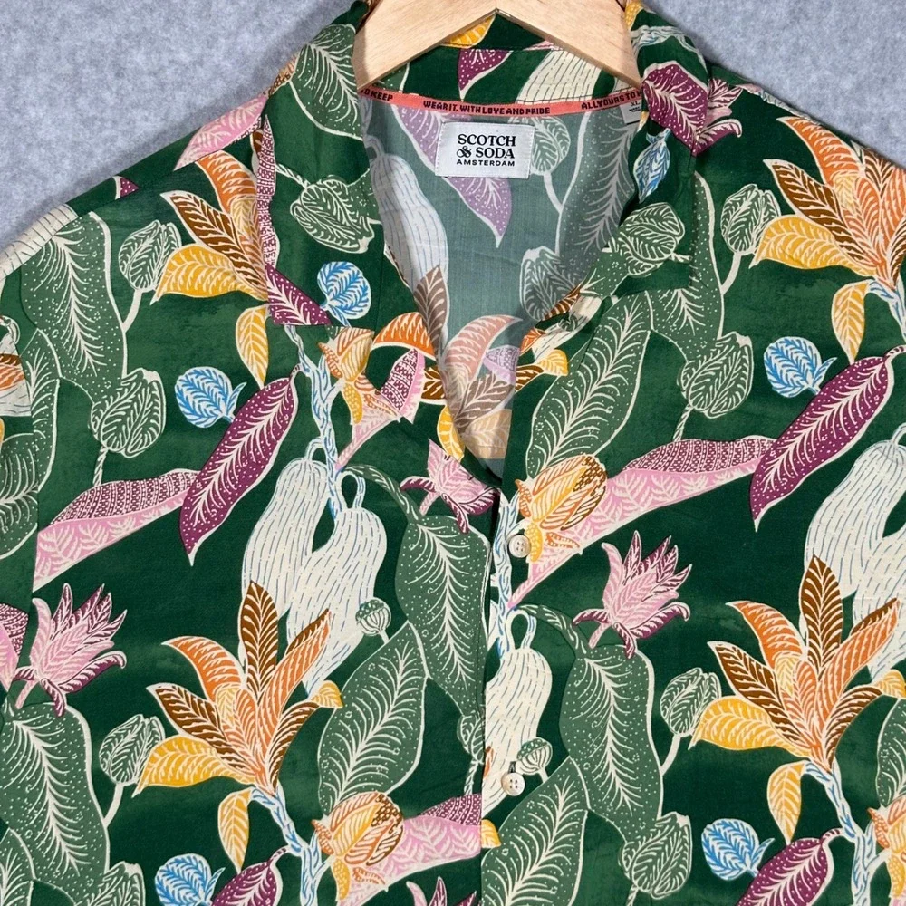 Scotch & Soda Amsterdam Mens XL Tropical Botanical Viscose SS Loop Collar Shirt